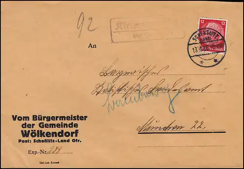 Landpost Kleinziegenfeld sur SCHESSLITZ 13.10.38 sur lettre Wölkendorf /München