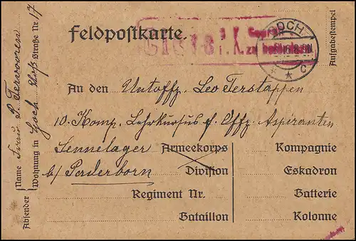 Carte postale de terrain GOCH 11.8.1916 avec censure rouge O CLEVE P.K. vérifiée/à transporter