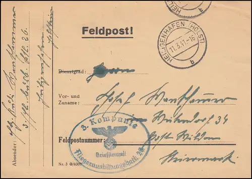 Feldpost-Karte Fliegerausbildungsbatl. 26, HEILIGENHAFEN (HOLST.) 11.3.1941