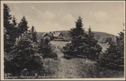 Post de chemin de fer LIEBENAU-TRAUTENAUE 13.8.43, AK Sudetengau Monts géants de Leischnerbaude