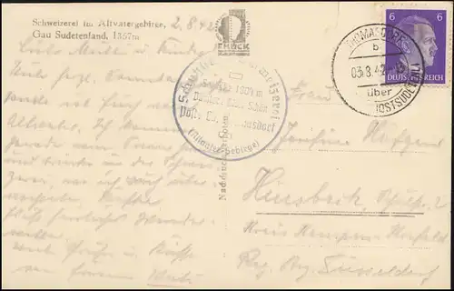 BS Schutzhaus Schweizerei auf passender AK, Thomasdorf/Freiwal. 3.8.1942