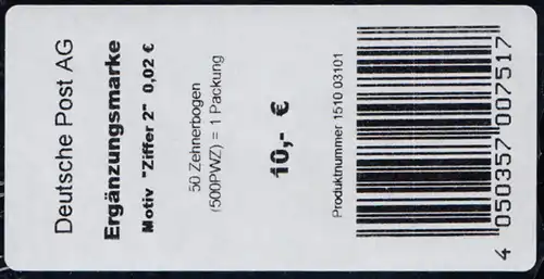 3042 Ziffernzeichnung 2 Cent, nassklebend, BANDEROLE für 50 Zehnerbogen