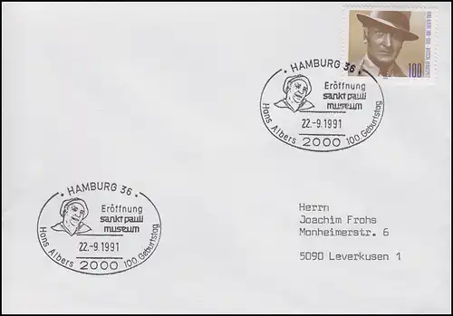 1561 Hans Albers Reeperbahn, Lettre SSt Hamburg Saint Pauli Museum 22.9.1991