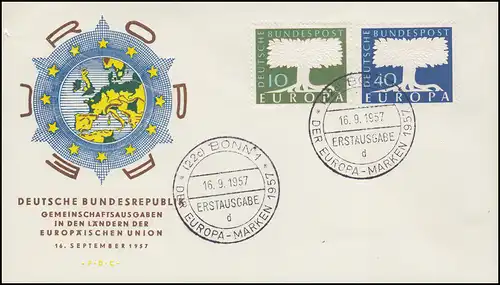268-269 CEPT Europa-Marken 1957, Satz auf Schmuck-FDC mit ESSt Bonn 16.9.1957