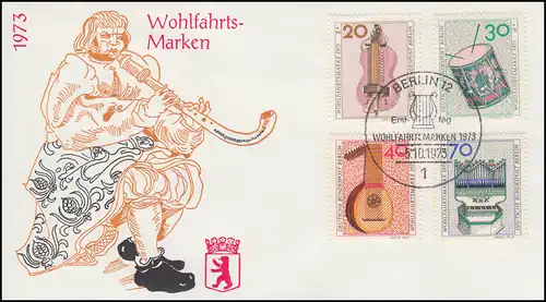 459-462 Wofa Musikinstrumente 1973: Satz auf FDC Flötenspieler ESSt BERLIN Harfe