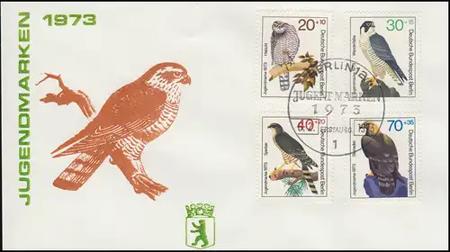 442-445 Jugend Greifvögel 1973: Satz auf Schmuck-FDC Wanderfalke ESSt Berlin
