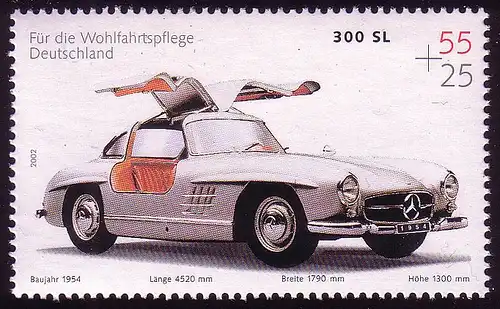 2291 Oldtimer-Automobile - Mercedes 300 SL - 10 Einzelmarken, alle ** postfrisch