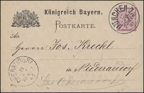 Bayern Postkarte Ziffer 5 Pf lila DV 87, MÜNCHEN I.  - 12.9.87 nach Niederaudorf
