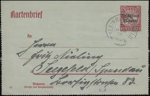Bayern Cartes-lettres devant la page K9 Volksstaat 15 Pf PETITERFELD 27.6.19