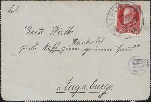 Bavière 10 Pf Ludwig sur carte lettre ILLERTISSERN 7.9.14 avec timbre