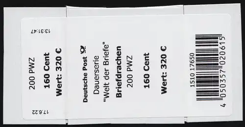 3647 Briefdrachen 160 Cent - Banderole / Aufkleber 200er-Rolle, großes Z in PWZ