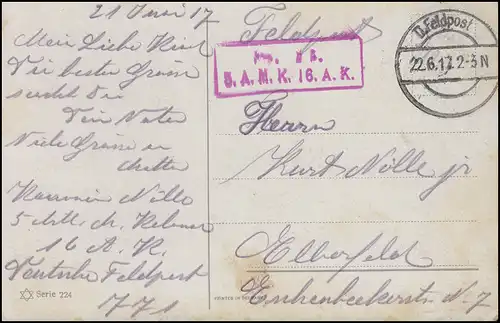 Feldpost mit BS 5.A.M.K. 16.A.K. FELDPOST 4.2.17 auf AK Gemälde Der Raucher