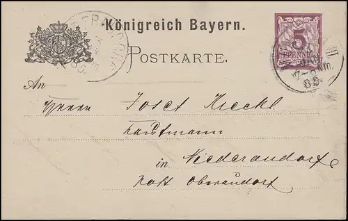 Carte postale de Bavière, chiffre 5 Pfila sans DV, MÜNCHEN III 14.5.85 n. Niederaudorf