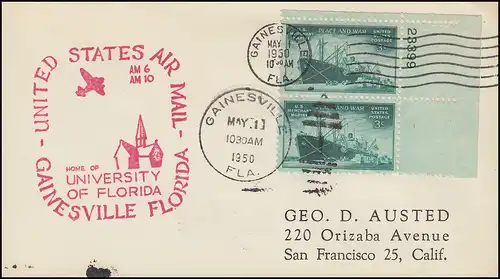 Premier vol FIRST FLIGHT AM 6 / AM 10 depuis Gainesville Floride 1.5.50 jusqu'à Tampa 1.5