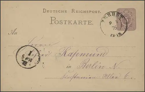 Postkarte Ziffer 5 Pf: Zweikreis-O Zerbst 09.05.1876