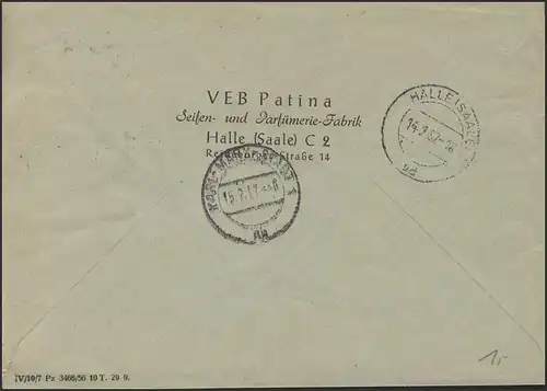 7XII Service ZKD EF Lettre de fenêtre Hall/Saale 14.2.57 vers Karl-Marx-Ville