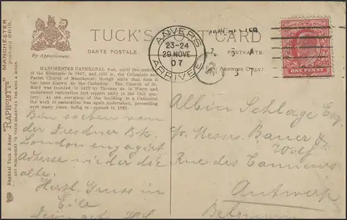 Carte de vue Manchester: Cathedral, 27.11.107 vers Anvers