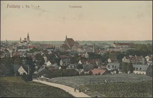 Ansichtskarte Freiberg in Sachsen: farbige Totalansicht, ungebraucht ca. 1900