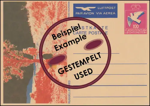 Liechtenstein Carte postale P 84 Pigeon: Ruggeller Ried (copié sur le papier du courrier aérien), O