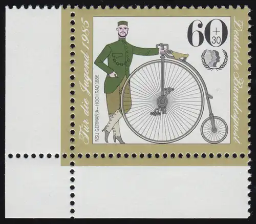 1243 Jugend Historische Fahrräder 60+30 Pf ** Ecke u.l.