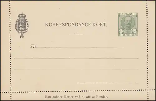 Danemark Lettre de carte K 26 Roi Frederik VIII 5 Öre 1910, inutilisé