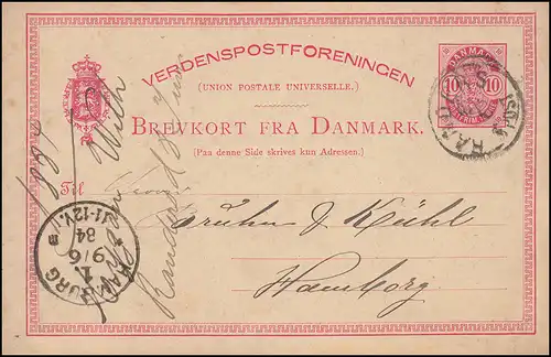 Dänemark Postkarte Wappen im Oval 10 Öre, RANDERS 8.6. nach HAMBURG 9.6.1884