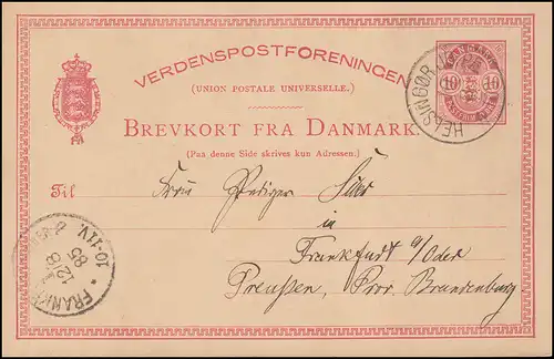 Dänemark Postkarte Wappen im Oval 10 Öre HELSINGOR JB.PE. 10.8.85 nach Frankfurt