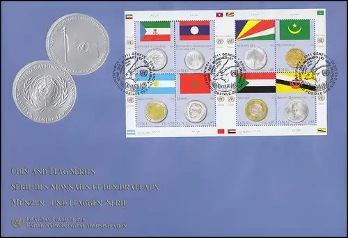 Nations unies Genève 673-680 drapeaux et pièces 2010: Petit arc sur le FDC de bijoux ESSst Genève