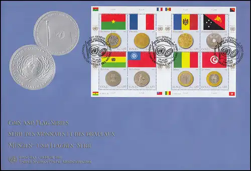 UNO Genf 565-572 Flaggen und Münzen 2007: Kleinbogen auf Schmuck-FDC ESSt Genf 