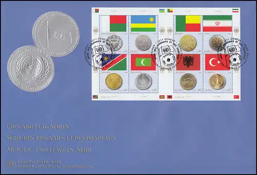 UNO Genf 592-599 Flaggen und Münzen 2008: Kleinbogen auf Schmuck-FDC ESSt Genf 