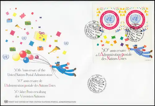 UNO Genf Block 16 50 Jahre Postverwaltung UNPA - Block auf Schmuck-FDC GENF 2001
