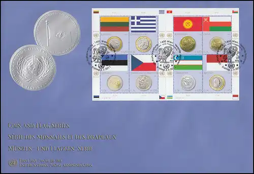 UNO Wien 691-698 Flaggen und Münzen: Kleinbogen auf Schmuck-FDC WIEN 2011