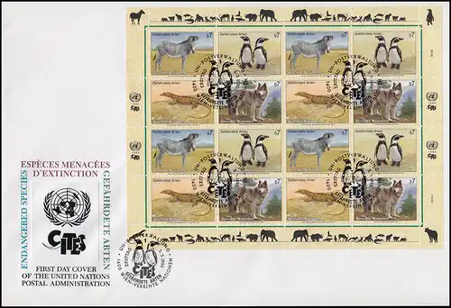 UNO Wien 143-146 Gefährdete Tiere: Fauna, Kleinbogen auf Schmuck-FDC WIEN 1993
