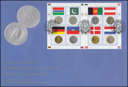 UNO Wien 477-484 Flaggen und Münzen: Kleinbogen auf Schmuck-FDC WIEN 2006