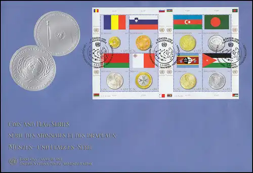 UNO Wien 626-633 Flaggen und Münzen: Kleinbogen auf Schmuck-FDC WIEN 2010