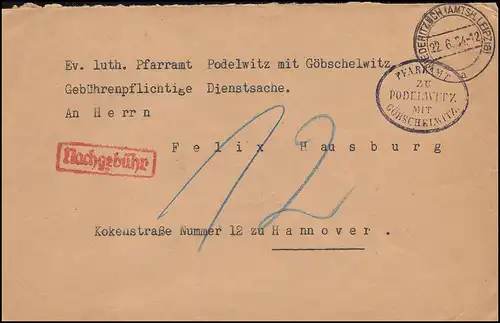 Dienstsache Luth. Pfarramt Podelwitz mit Göbschelwitz, WIEDERITZSCH 22.6.1934