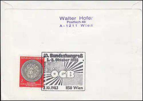 Österreich 1754 Österreichischer Gewerkschaftsbund Schmuck-FDC WIEN 3.10.1983