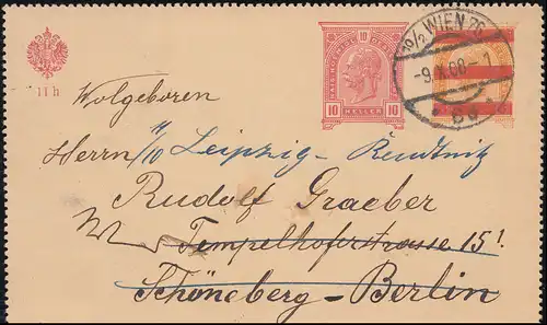 Autriche Carte 46c WIENNE 76 9.10.1908 vers SCHÖNEBERG b. BERLIN 10.10.08