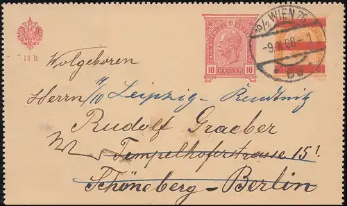 Österreich Kartenbrief 46c WIEN 76 9.10.1908 nach SCHÖNEBERG b. BERLIN 10.10.08
