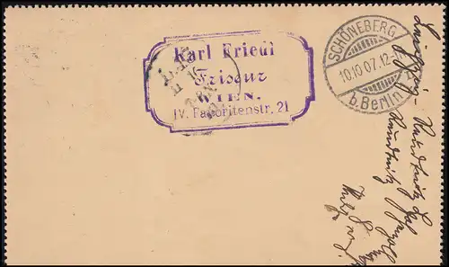 Österreich Kartenbrief 46c WIEN 76 9.10.1908 nach SCHÖNEBERG b. BERLIN 10.10.08