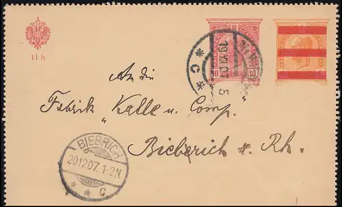 Autriche Carte 46c de WIENNE 19.11.1907 vers BIEBRICH 20.12.07