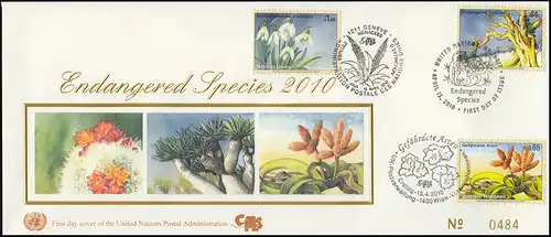 UNO Trio-Spezial-FDC Gefährdete Arten 2010: Pflanzen, ESSt Genf/Wien/N.Y.