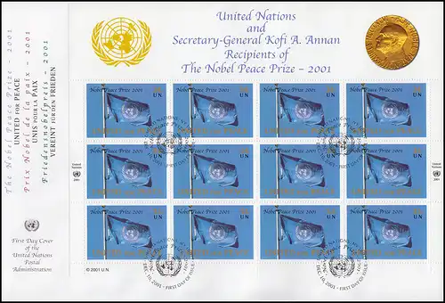 UNO New York 888 Friedensnobelpreis 2001 - Kleinbogen auf Schmuck-FDC N.Y.