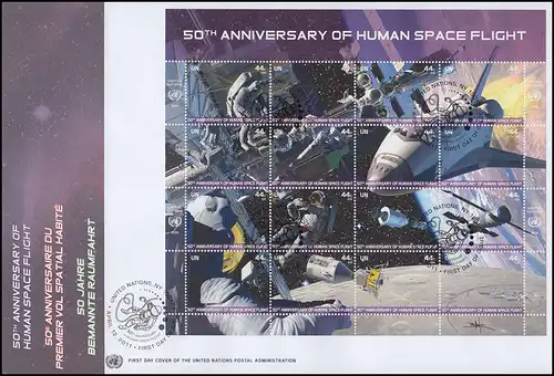 UNO New York 1254-1269 50 Jahre bemannte Raumfahrt 2011: Kleinbogen Schmuck-FDC