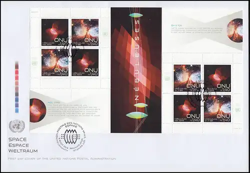 UNO Genf 829-830 Weltraumwoche 2013: Zusammendruck-Bogen (2x2 + 2x2) Schmuck-FDC