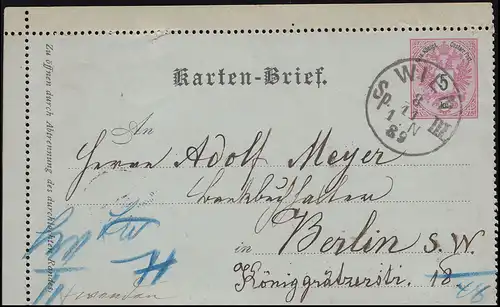 Österreich Kartenbrief 8 aus WIEN III Sp. 8.11.1889 nach Berlin 