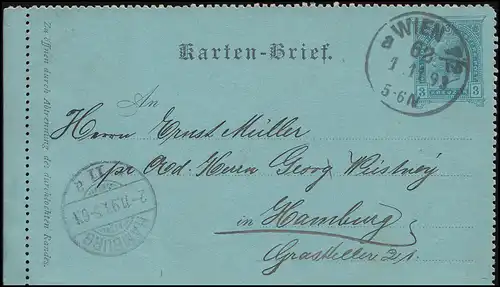 Autriche Cartes de lettre 15 de WIENNE 62 1.11.1893 vers HAMBURG 11a 2.11.93