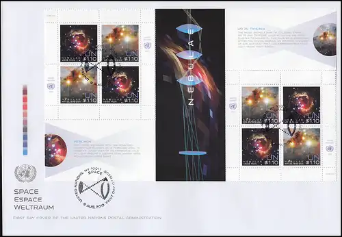 UNO New York Weltraumwoche 2013, Zusammendruck-Bogen (2x2 + 2x2) Schmuck-FDC
