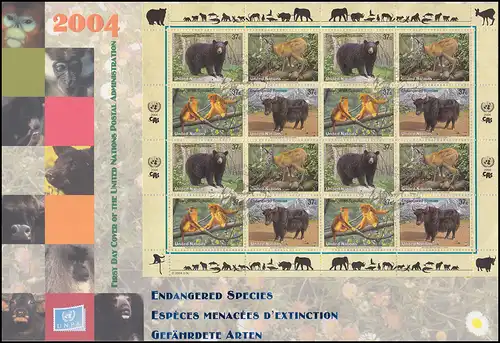 Nations unies New York Espèces menacées Mammifères: Petit arc sur le FDC de bijoux N.Y. 2004