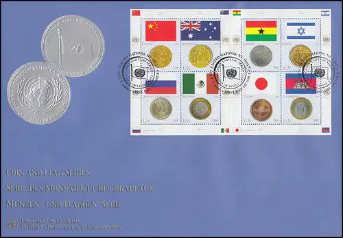 UNO New York 1033-1040 Flaggen und Münzen: Keinbogen auf Schmuck-FDC N.Y. 2006